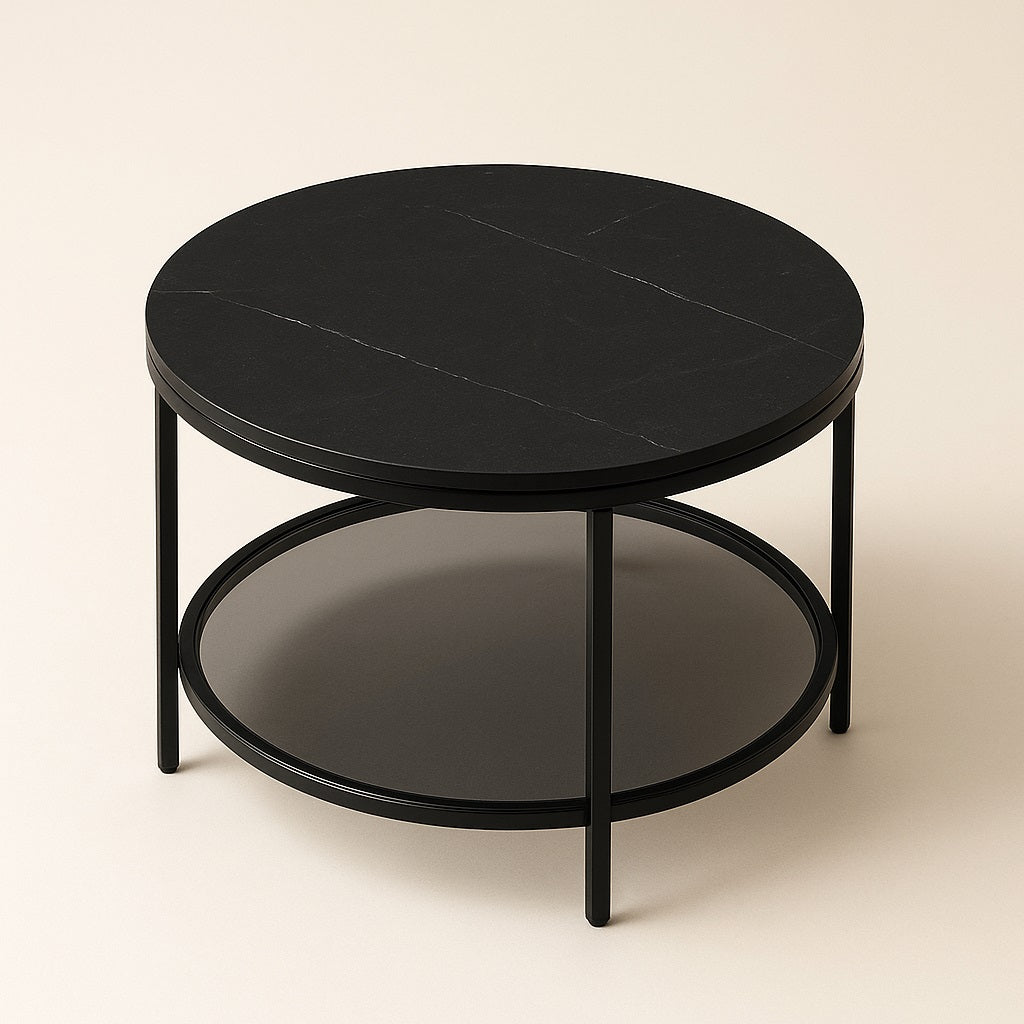 Table basse en verre ronde vue du dessus, plateau noir raffiné avec structure métallique minimaliste.