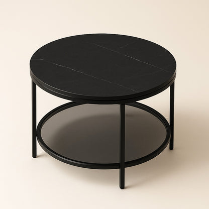 Table basse en verre ronde vue du dessus, plateau noir raffiné avec structure métallique minimaliste.