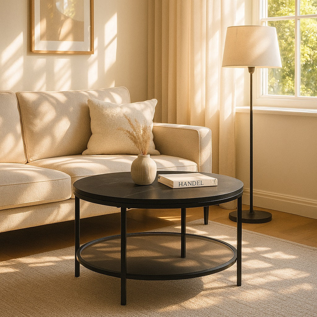 Table basse ronde en verre noir dans un salon lumineux, parfaite pour un intérieur moderne et élégant.