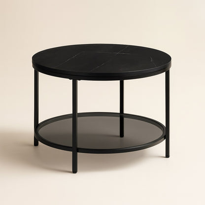 Table basse ronde avec plateau effet verre noir et structure métal, design moderne et élégant.