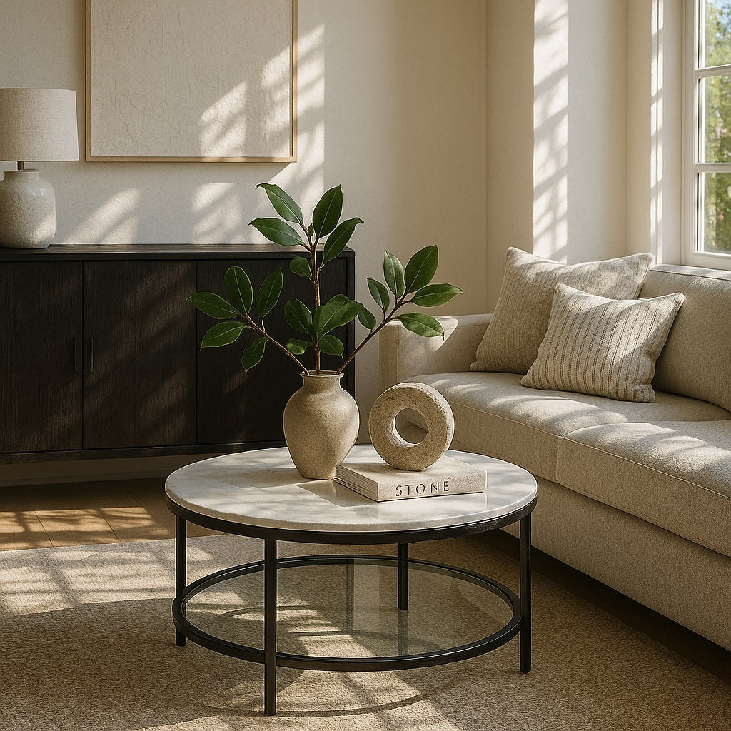 Table basse ronde marbrée noire dans salon lumineux, design minimaliste et raffiné.
