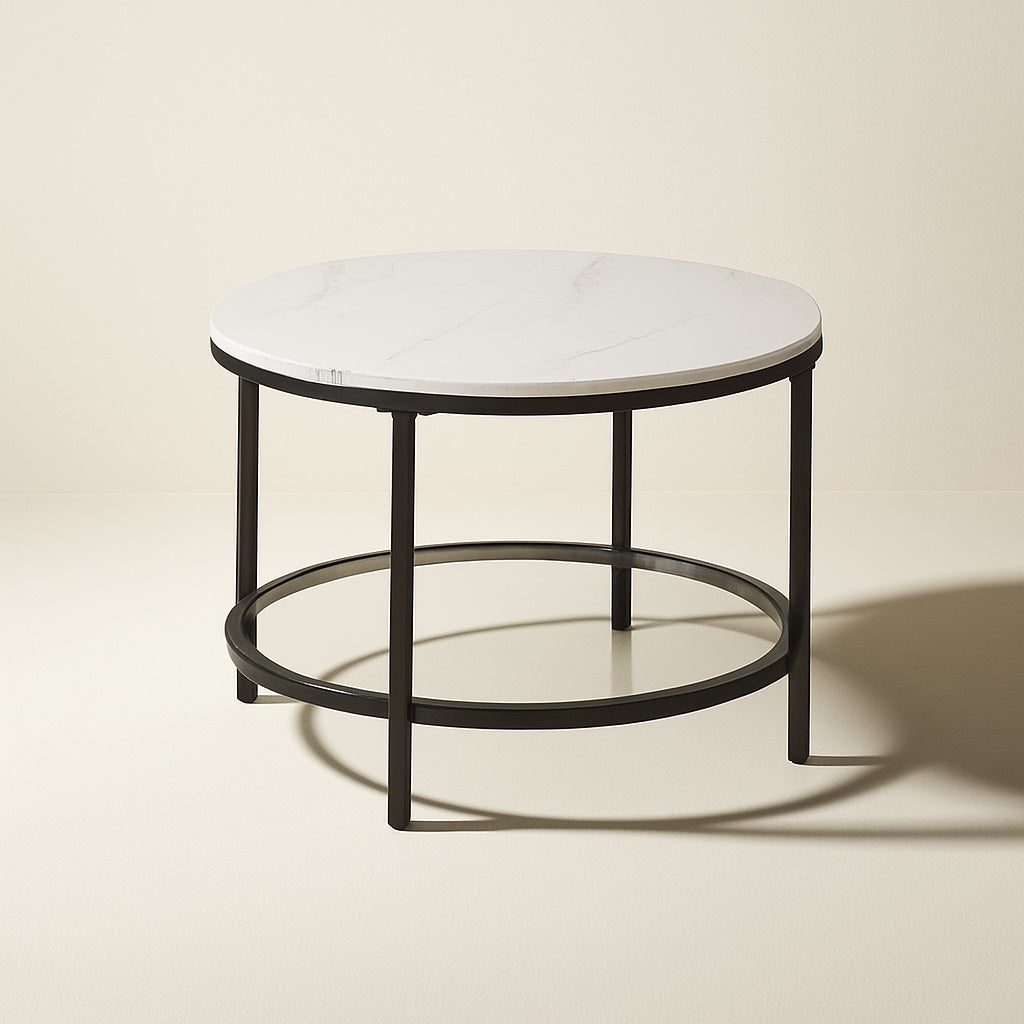 Table basse ronde marbrée NOLYA, structure métal noir et plateau blanc effet marbre.