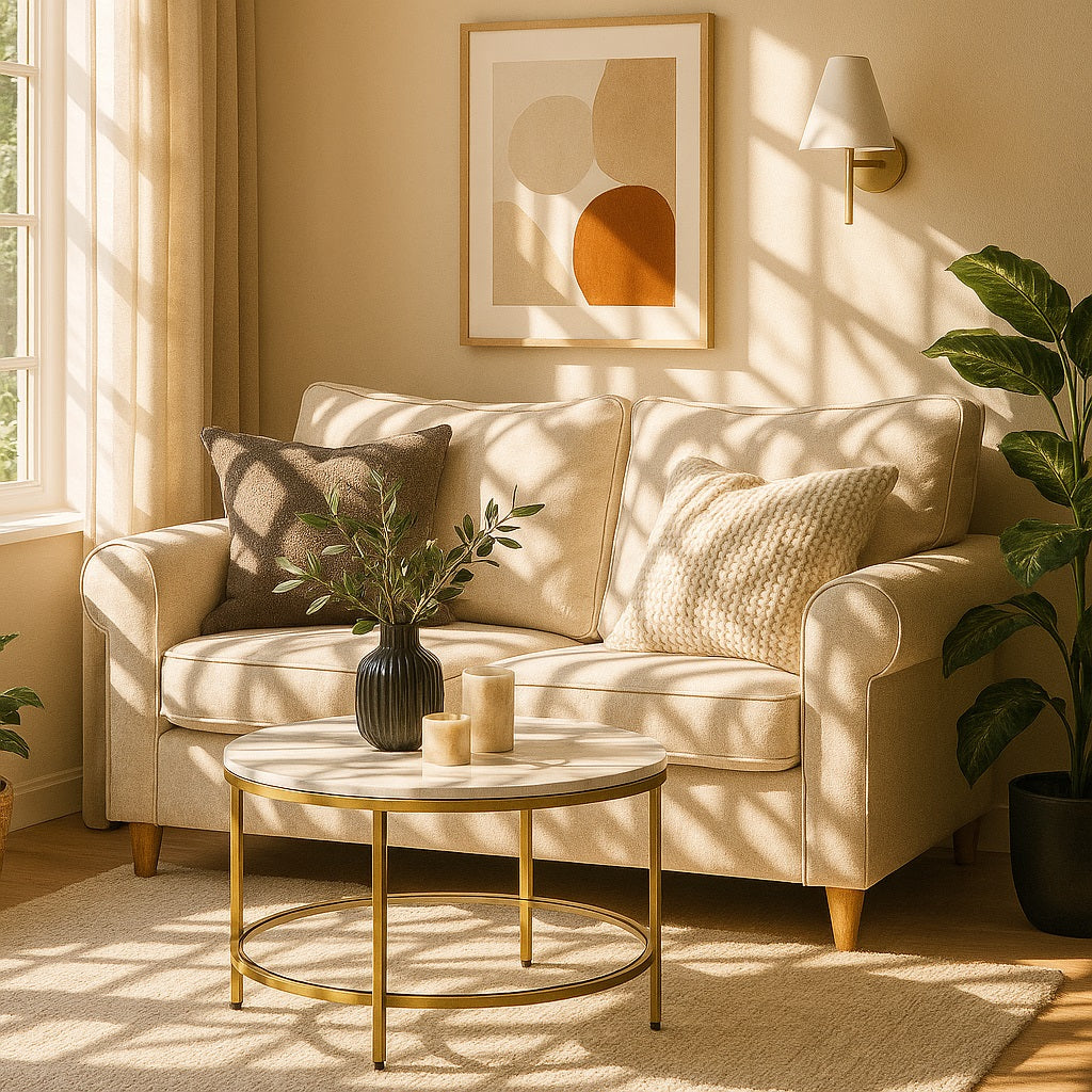 Table basse ronde marbrée NOLYA dorée dans salon lumineux, design chic et harmonieux.