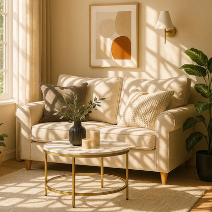 Table basse ronde marbrée NOLYA dorée dans salon lumineux, design chic et harmonieux.