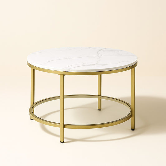 Table basse ronde marbrée NOLYA avec structure dorée, design élégant et moderne pour salon raffiné.