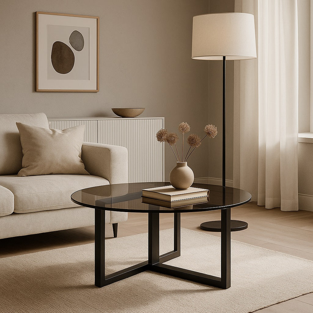 Table basse ronde en verre dans salon beige, déco chaleureuse et design.