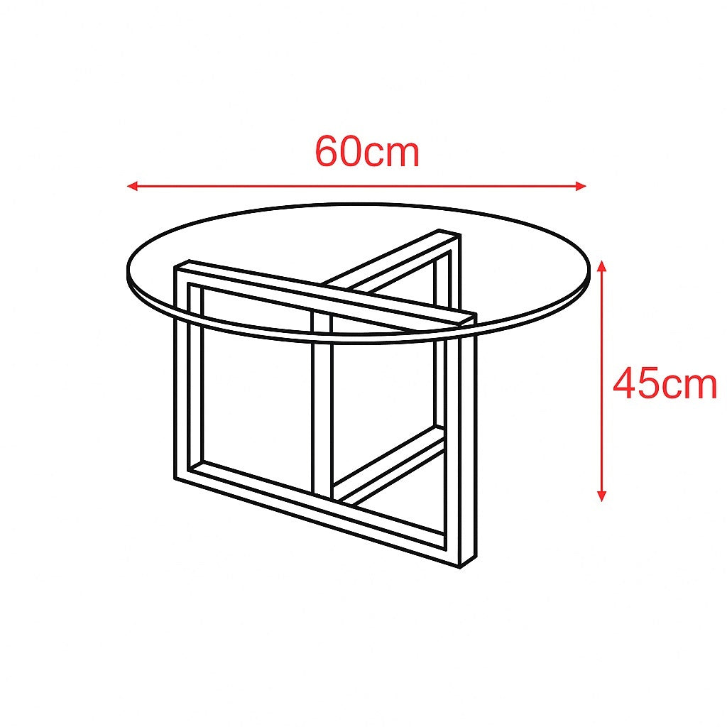 Schéma de table basse ronde en verre, dimensions 60 cm diamètre et 45 cm hauteur.