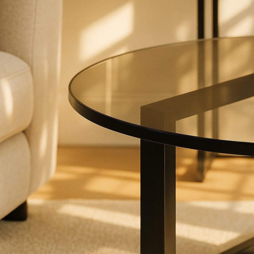 Zoom sur la table basse ronde en verre fumé design avec structure métallique noire.