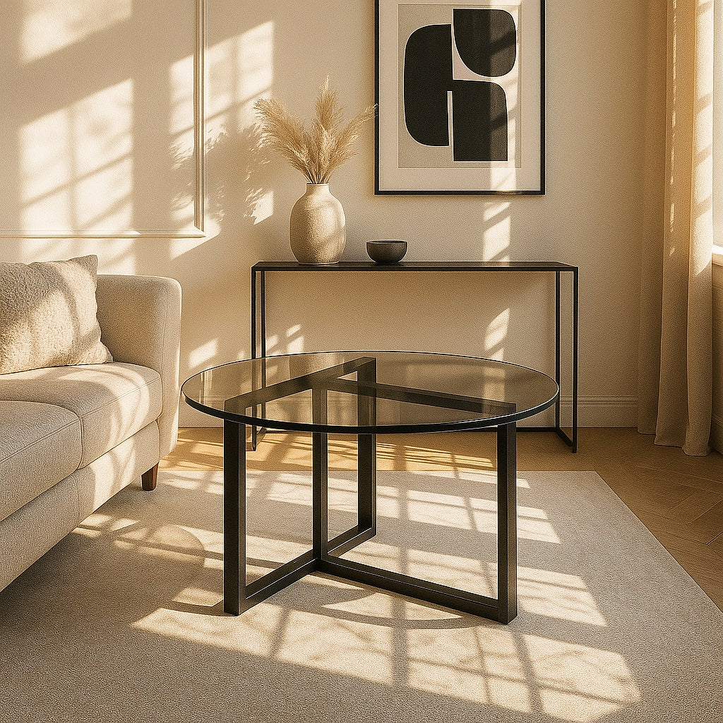 Table basse ronde en verre et métal noir dans salon lumineux style scandinave.