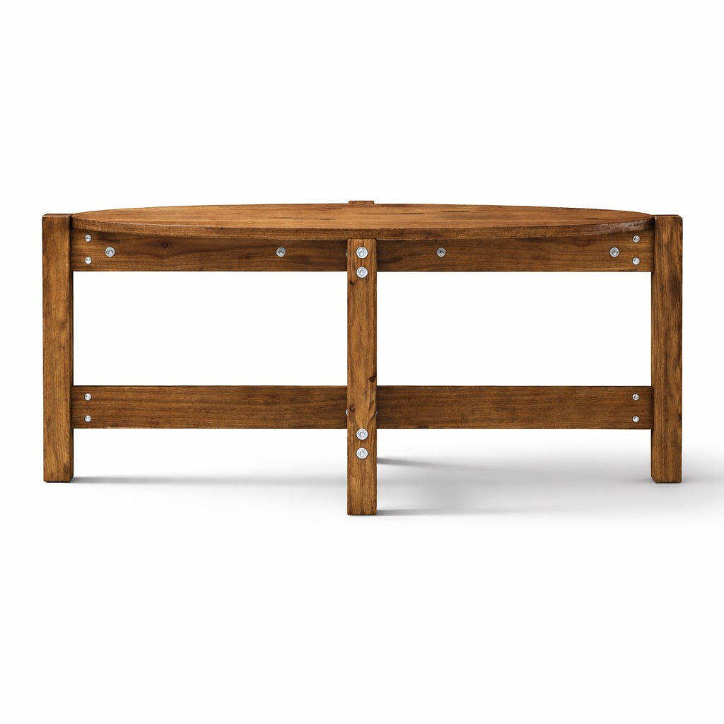 Vue arrière d’une table basse en bois avec piètement massif et assemblage apparent.