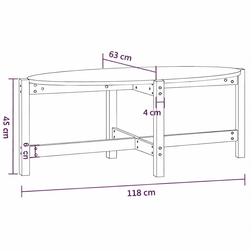 Schéma technique d’une table basse en bois indiquant dimensions 118cm