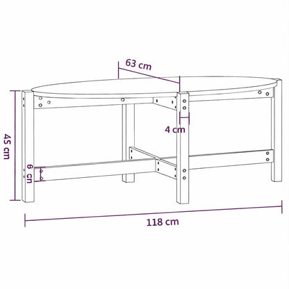 Schéma technique d’une table basse en bois indiquant dimensions 118cm