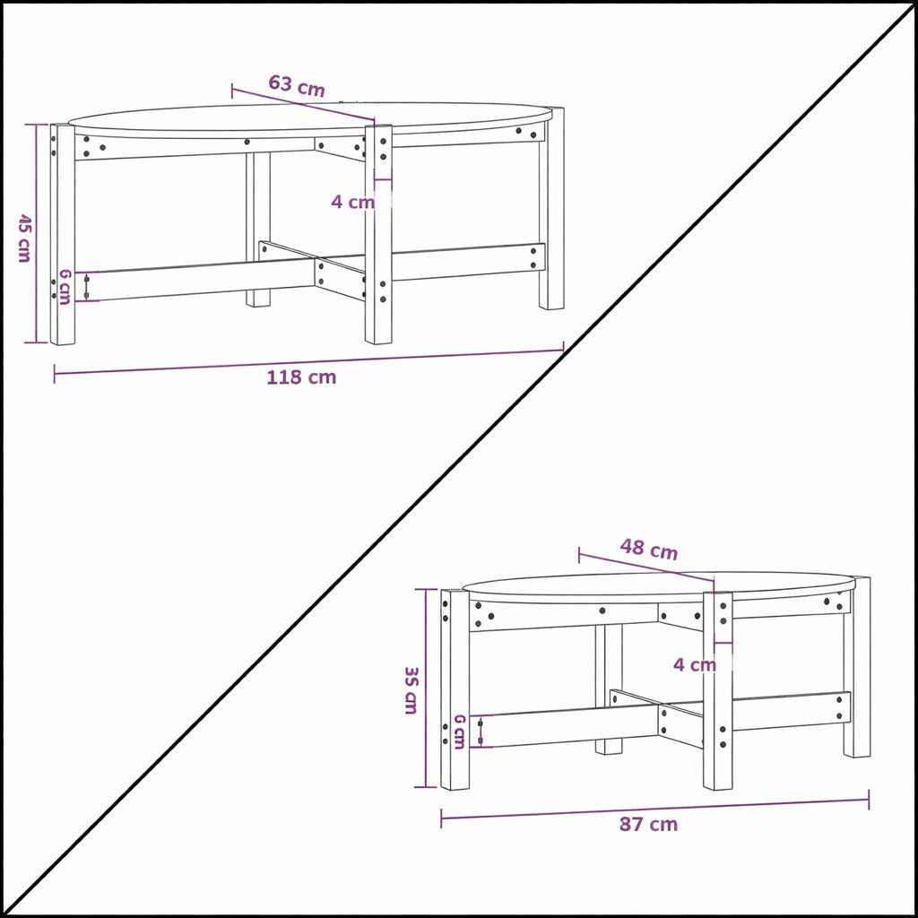 deux schémas technique de la table 87cm et 118cm