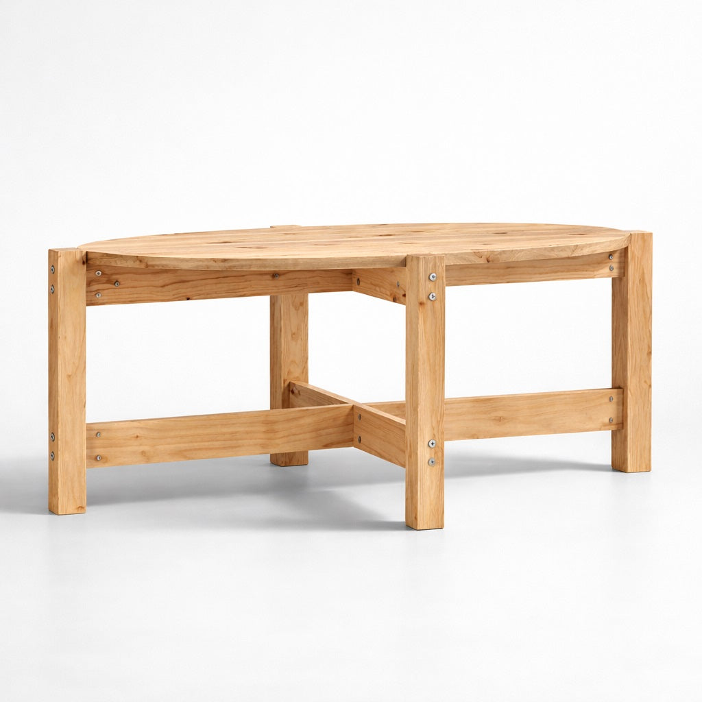 Table basse en bois vue de trois-quarts, mettant en valeur son plateau ovale et sa structure robuste.
