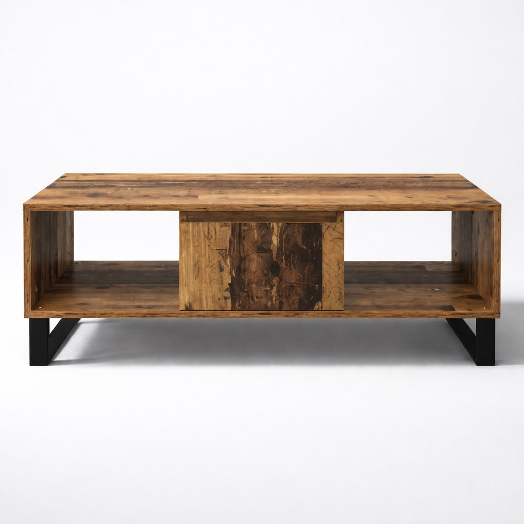 Table basse en bois CORÉA vue frontale, structure basse avec compartiments ouverts et style industriel élégant.