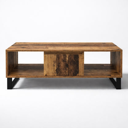 Table basse en bois CORÉA vue frontale, structure basse avec compartiments ouverts et style industriel élégant.