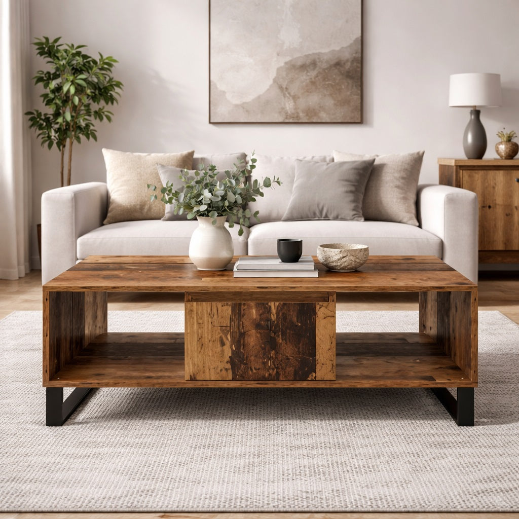 Table basse en bois CORÉA en situation, intégrée dans un salon chaleureux au style naturel et contemporain.
