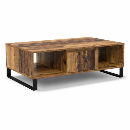 Table basse en bois CORÉA finition bois ancien, design rectangulaire avec rangements intégrés et pieds métal noir.