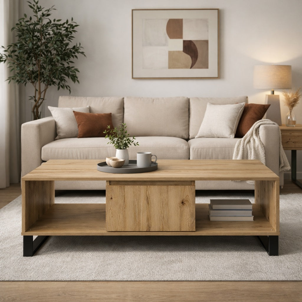 Table basse en bois CORÉA en situation, ambiance salon moderne avec rangements pratiques intégrés.