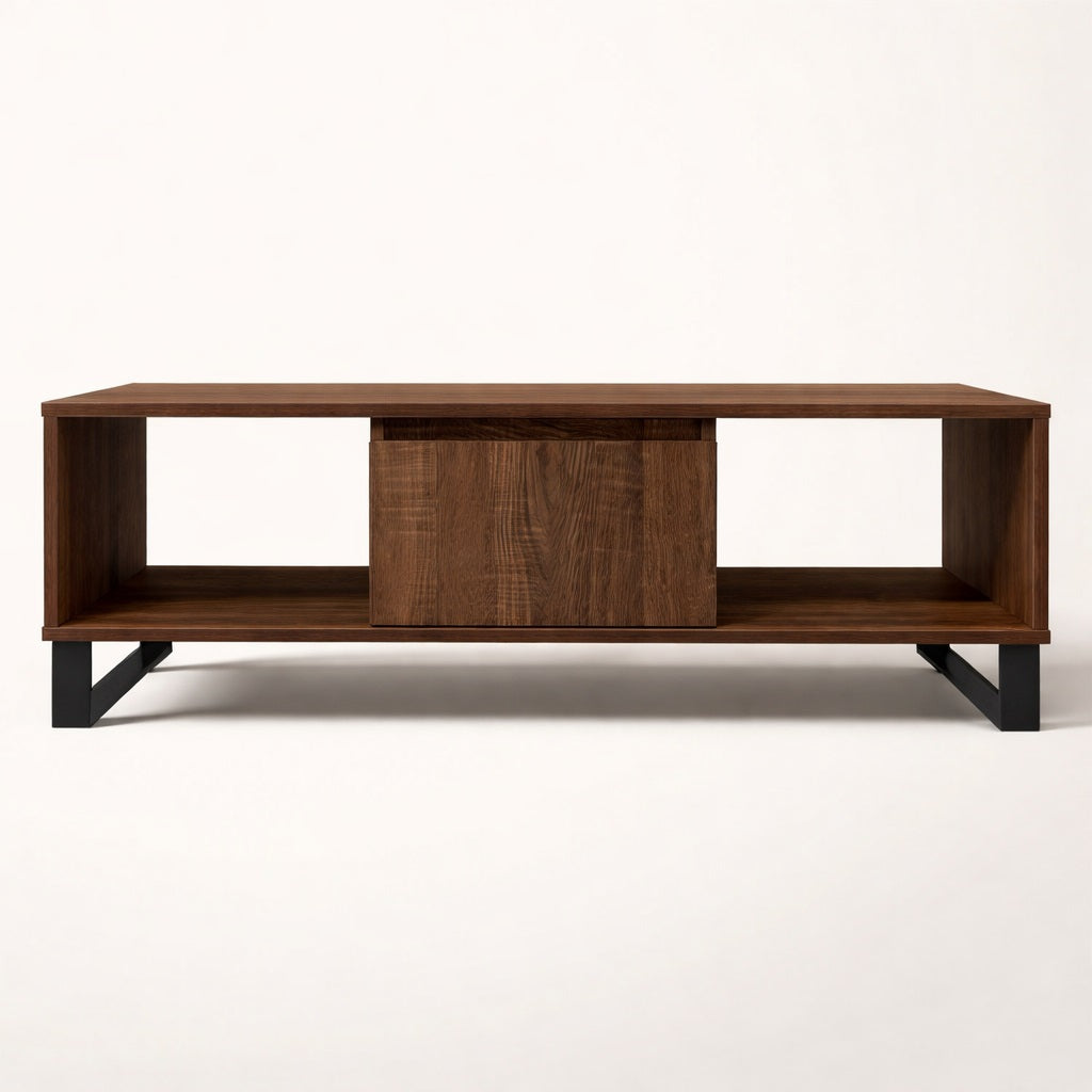 Table basse en bois CORÉA chêne marron, vue angle soulignant les proportions et le style contemporain.
