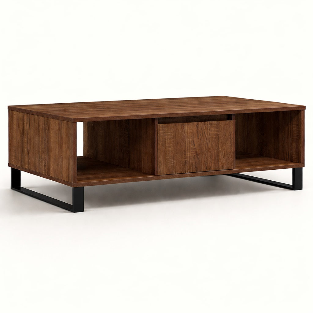 Table basse en bois CORÉA chêne marron, design bas avec niches de rangement et structure métal noir.