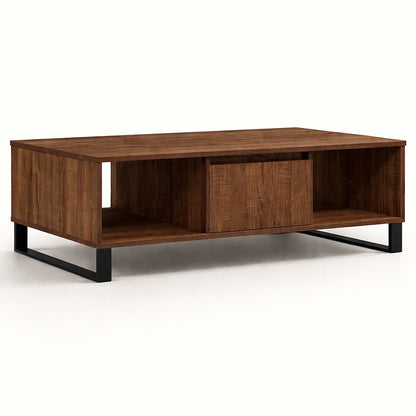 Table basse en bois CORÉA chêne marron, design bas avec niches de rangement et structure métal noir.
