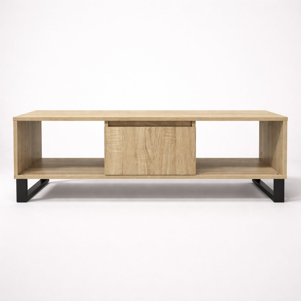 Table basse en bois rectangulaire avec niches ouvertes et structure métal, design épuré et contemporain.
