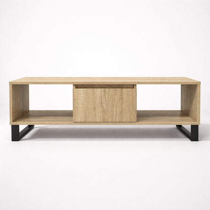 Table basse en bois rectangulaire avec niches ouvertes et structure métal, design épuré et contemporain.