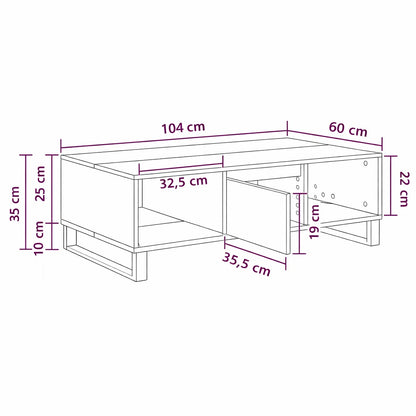 Schéma dimensions table basse en bois avec rangements, meuble fonctionnel pour salon contemporain.