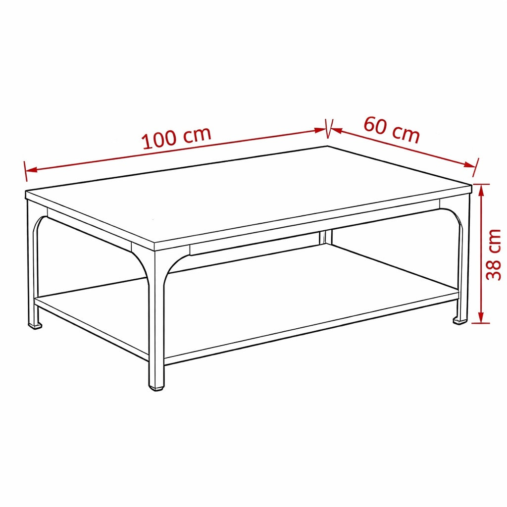 Dimensions de la table basse en bois rectangulaire 100x60 cm, hauteur 38 cm, adaptée au salon.