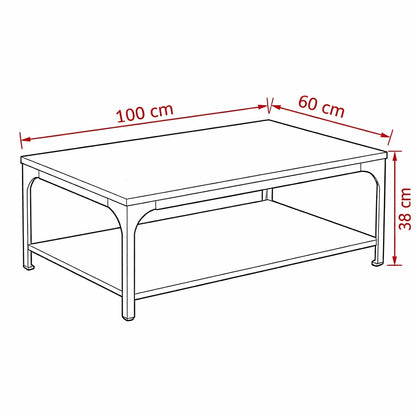 Dimensions de la table basse en bois rectangulaire 100x60 cm, hauteur 38 cm, adaptée au salon.