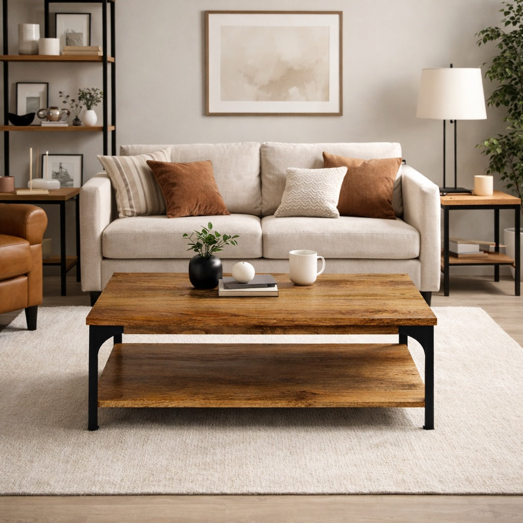 Table basse en bois dans un salon lumineux, style contemporain avec canapé clair et décoration épurée.
