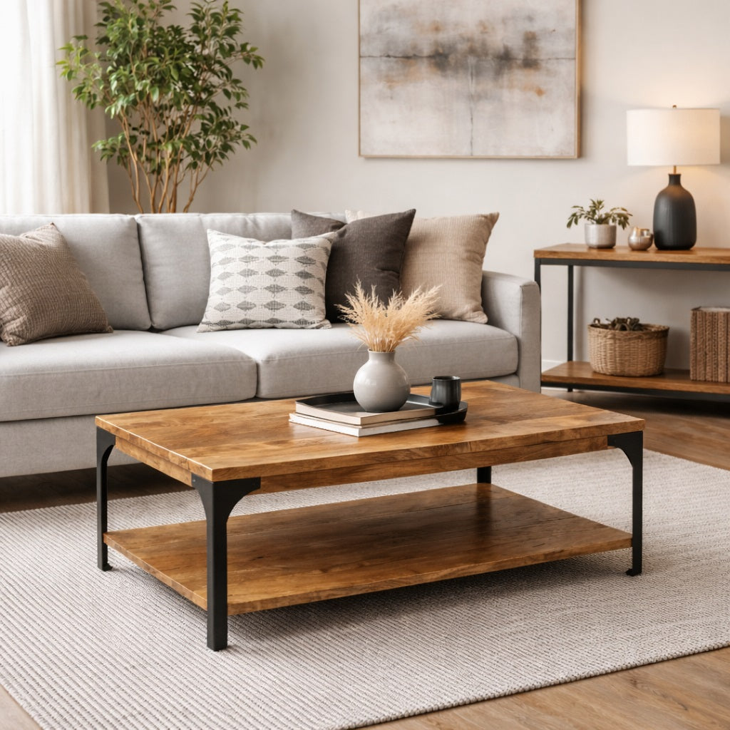 Table basse en bois au style industriel dans un salon chaleureux, parfaite pour une ambiance conviviale.