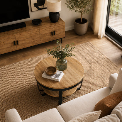 Vue plongeante sur table basse ronde en bois avec vase décoratif dans salon moderne et tapis texturé beige