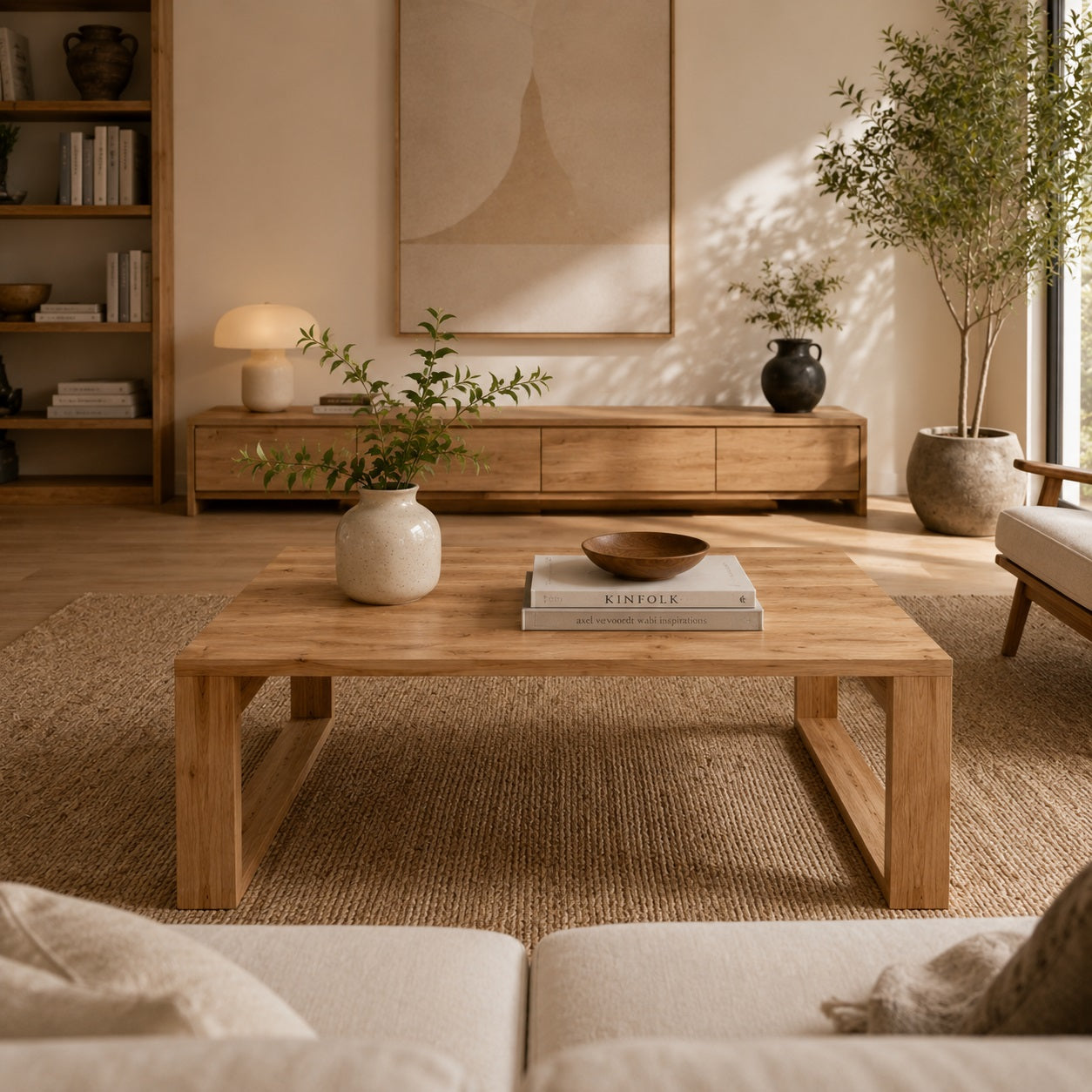 Table basse en bois design Kaelo avec lignes épurées dans un salon moderne et lumineux