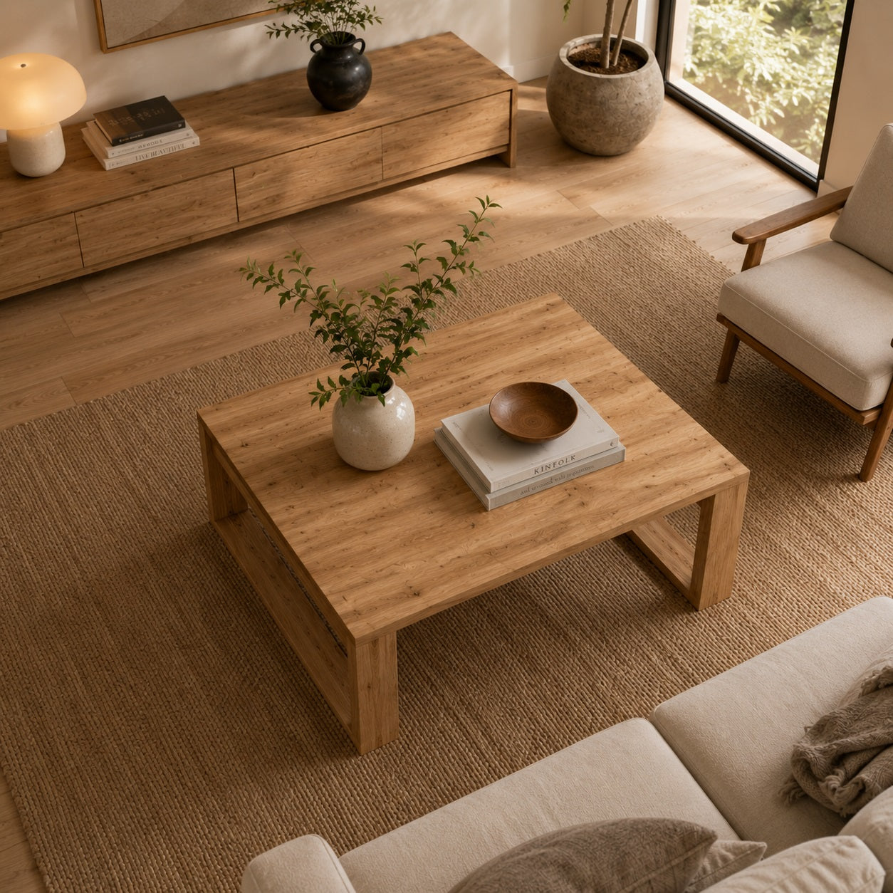 Table basse en bois design Kaelo vue plongeante, idéale pour une décoration naturelle et contemporaine
