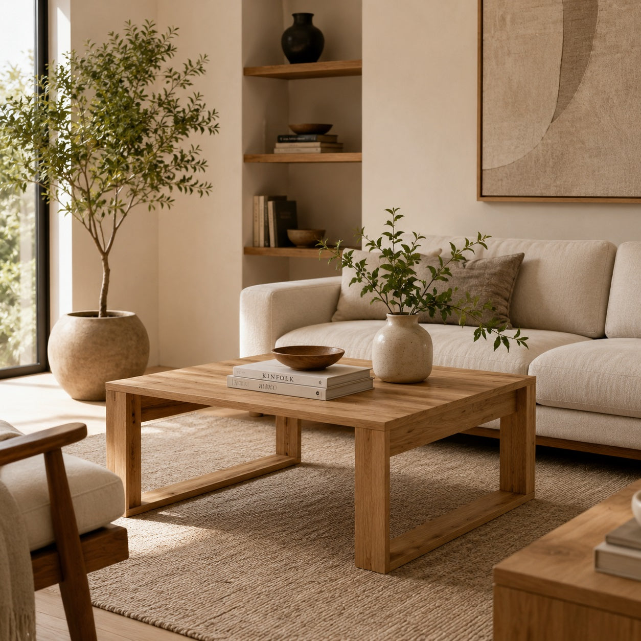 Table basse en bois design Kaelo dans un salon contemporain aux tons naturels et ambiance chaleureuse