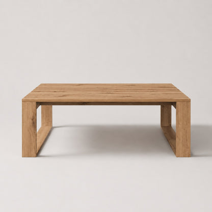 Table basse en bois design Kaelo vue de face, style moderne épuré en finition chêne naturel