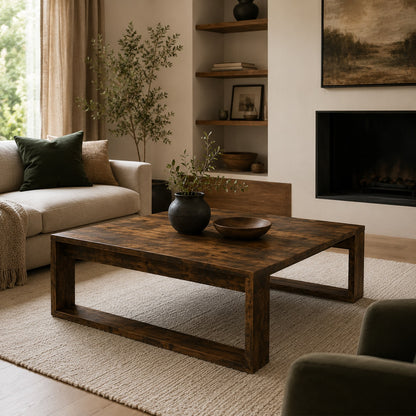 Table basse en bois design Kaelo en chêne fumé dans un salon moderne et élégant
