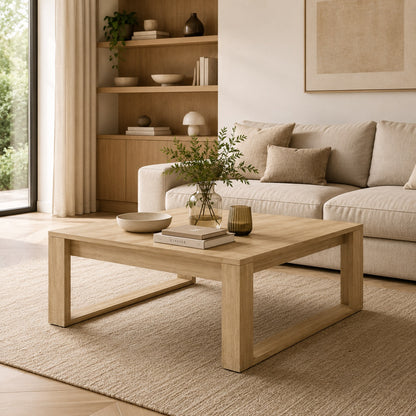 Table basse en bois design Kaelo dans un salon lumineux au style naturel et contemporain