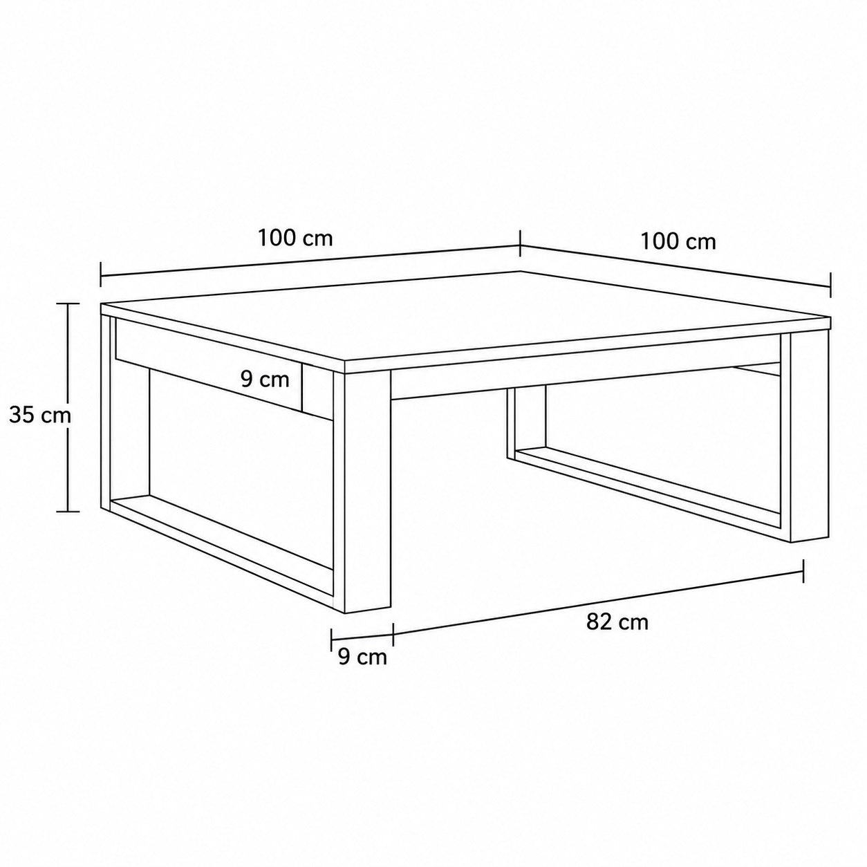 Dimensions de la table basse en bois design Kaelo 100x100 cm avec structure minimaliste moderne