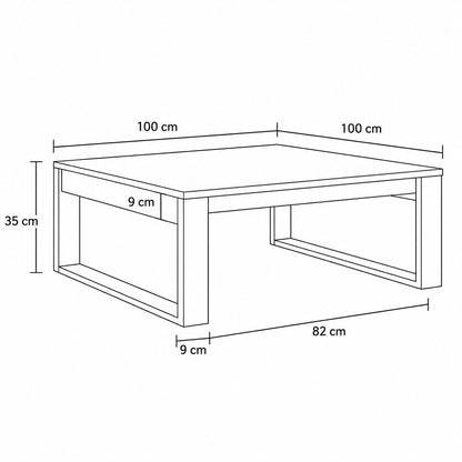 Dimensions de la table basse en bois design Kaelo 100x100 cm avec structure minimaliste moderne