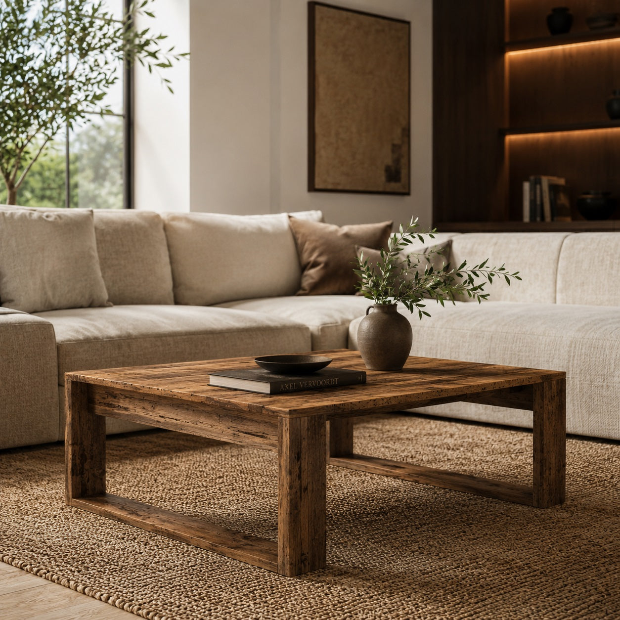 Table basse en bois design Kaelo en vieux bois dans un salon élégant au style authentique