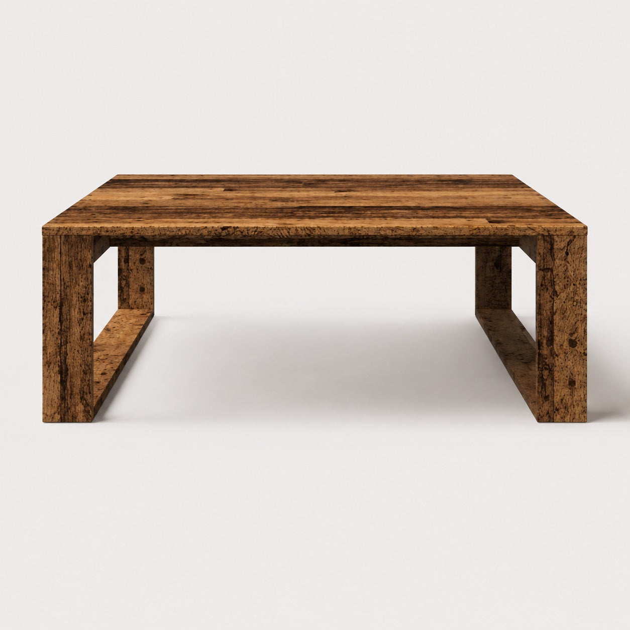 Table basse en bois design Kaelo vue de face en finition vieux bois au charme artisanal