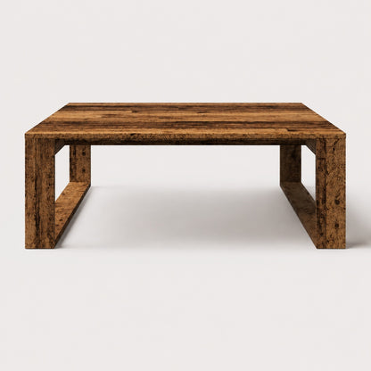 Table basse en bois design Kaelo vue de face en finition vieux bois au charme artisanal