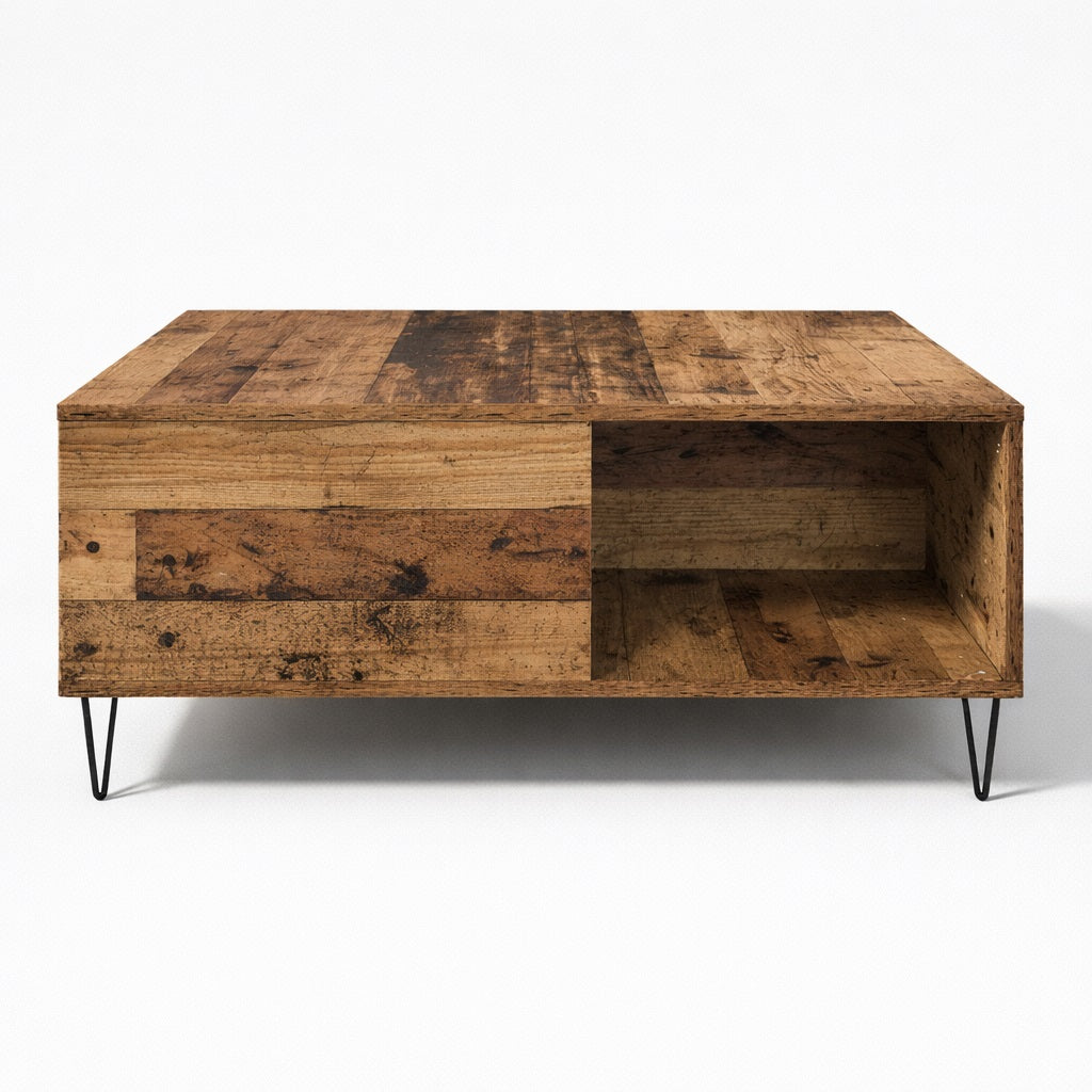 Table basse en bois finition bois ancien, lignes épurées et rangements intégrés pour un salon chaleureux.
