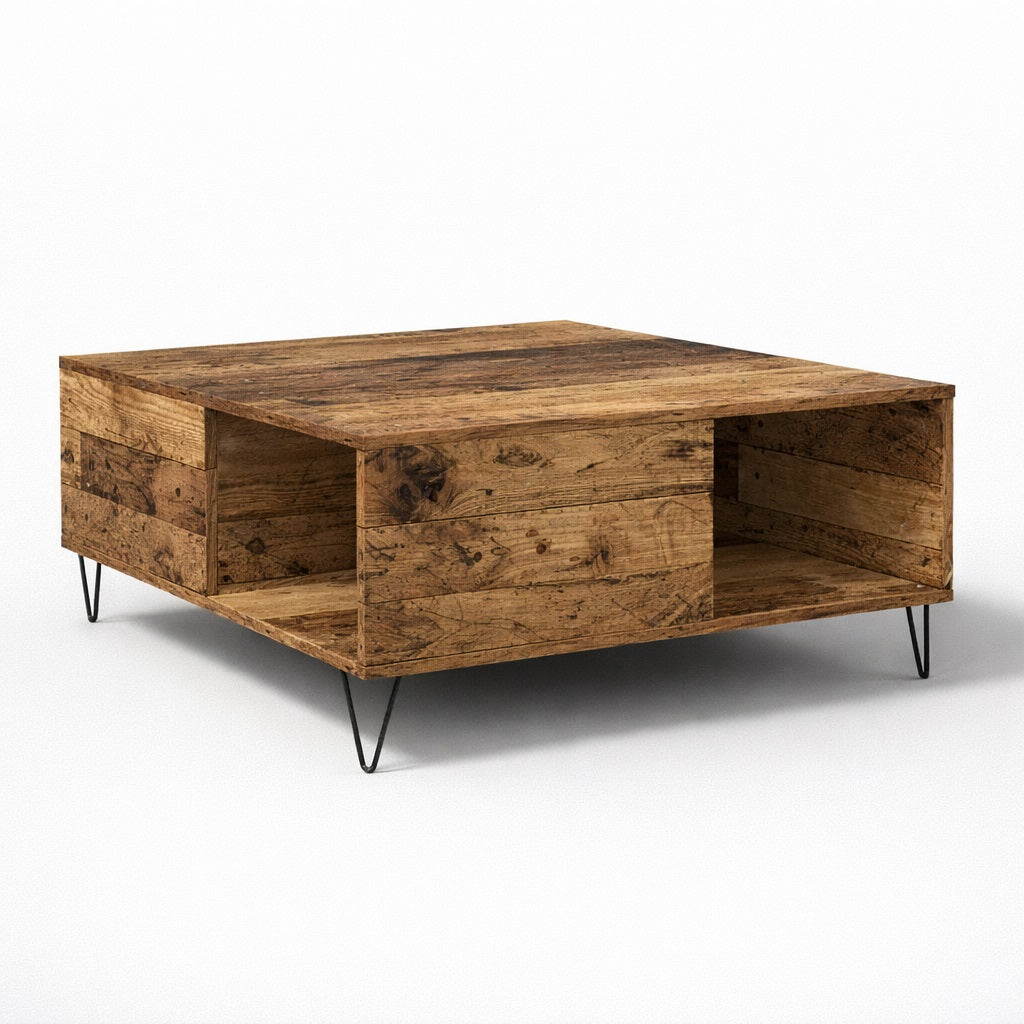 Table basse en bois style bois ancien, design rectangulaire avec rangements ouverts, idéale comme table basse de salon.