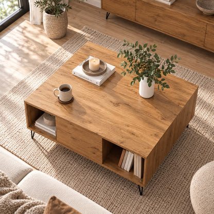 Table basse de salon en bois avec rangements, vue en plongée dans un intérieur naturel aux tons beige et chêne.