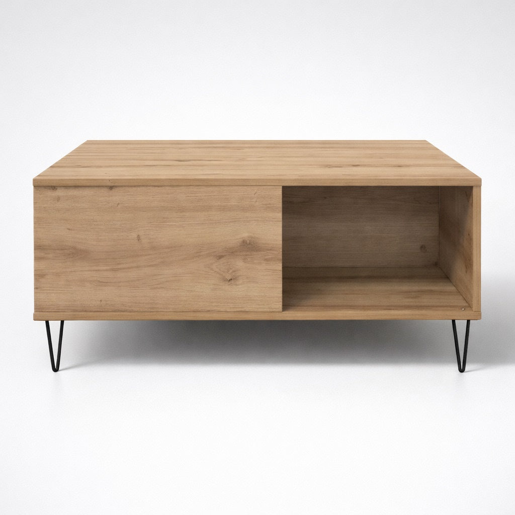 Table basse de salon en bois chêne clair, structure rectangulaire et rangements ouverts intégrés.