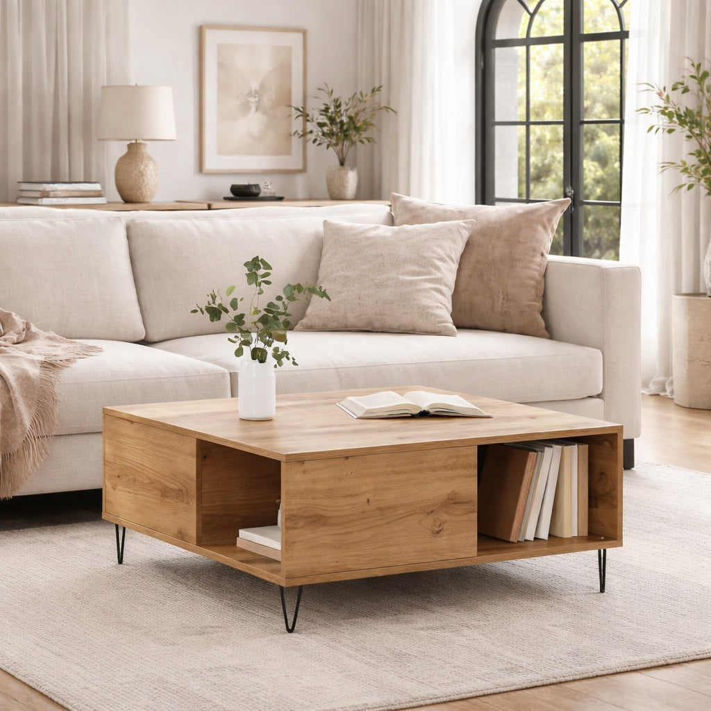 Table basse de salon en bois chêne naturel, avec rangements pratiques et design contemporain.